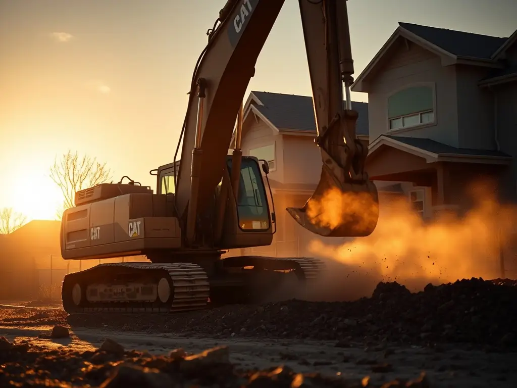 A high-angle shot of a modern excavator digging a trench on a construction site, showcasing the precision and efficiency of Dunns Excavation & Bulk Haulage's excavation services.